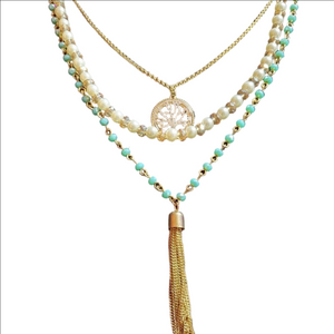 Boho Tree of Life triple stranded gold and opal beaded necklace